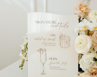 Beige Acrylic Bar Sign - Wedding Bar Menu - Gold Mirror Cocktail Menu - Signature Cocktails - His and Hers Drinks Menu