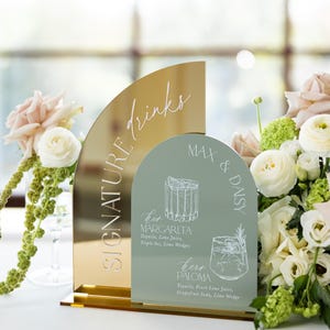 Wedding Signature Drinks Sign - Gold Mirror and Sage Green Acrylic Bar Menu - Custom Wedding Drink Menu - Modern Bar Decor
