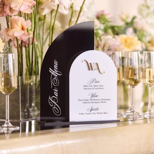 Wedding Acrylic Bar Menu - Arch Black and White Wedding Bar Sign - 3D Monogram Wedding Drinks Sign