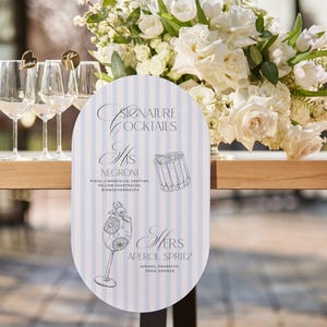 Panneau de menu flottant - panneau de boisson acrylique à rayures bleues - cocktails signature vintage - menu de bar de mariage - panneau de bar acrylique personnalisé