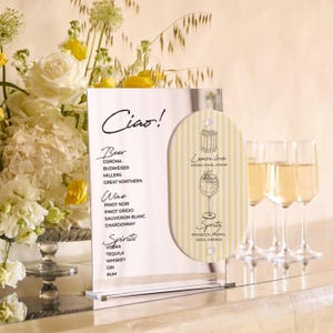 Panneau de bar en acrylique miroir argenté - Menu cocktail deux panneaux rayures jaune citron - Panneau de boisson de mariage italien - Signalétique de bar moderne personnalisée