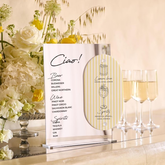 Silver Mirror Acrylic Bar Sign - Two Panel Lemon Yellow Stripes Cocktail Menu - Italian Wedding Drink Sign - Custom Modern Bar Signage