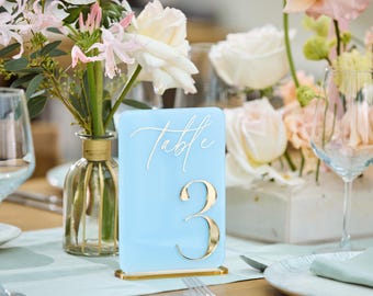 Wedding Table Numbers Blue Acrylic and 3D Gold Mirror with Stands