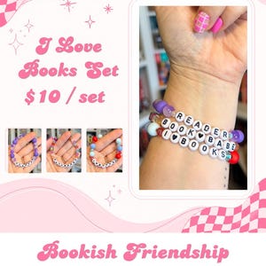 May include: A set of three beaded bracelets featuring white letter beads that spell out READER, BOOK BABE, and I LOVE BOOKS. The bracelets are constructed with a variety of colorful, round, and translucent beads in shades of purple, red, and blue.