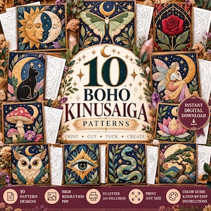 May include: A digital collection of 10 boho kinusaiga patterns featuring illustrations of a sun and moon, moth, rose, black cat, fairy, mushrooms, lotus, owl, eye, snake, and bonsai tree. The set includes high-resolution PDFs for printing.