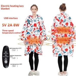 Puede incluir: Una manta el&eacute;ctrica perezosa blanca con un estampado navide&ntilde;o en rojo, azul y verde. Cuenta con una interfaz USB y control de temperatura de tres velocidades. La temperatura alta es de 55&deg;C.
