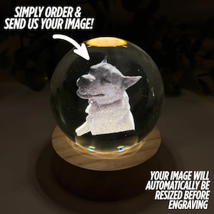 Può includere: Una sfera di vetro trasparente con un'immagine 3D di un cane all'interno, appoggiata su una base di legno. La sfera è illuminata dal basso. Il testo sull'immagine recita: "ORDINA SEMPLICEMENTE E INVIACI LA TUA IMMAGINE!" e "LA TUA IMMAGINE VERRÀ RIDIMENSIONATA AUTOMATICAMENTE PRIMA DELL'INCISIONE."