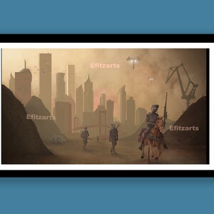 May include: A digital painting depicting a futuristic city in a state of decay, with crumbling buildings and a dusty atmosphere. A lone rider on horseback, accompanied by three figures on foot, travels through the city. The rider is wearing a helmet and carrying a rifle. The painting is titled "Efitzarts".