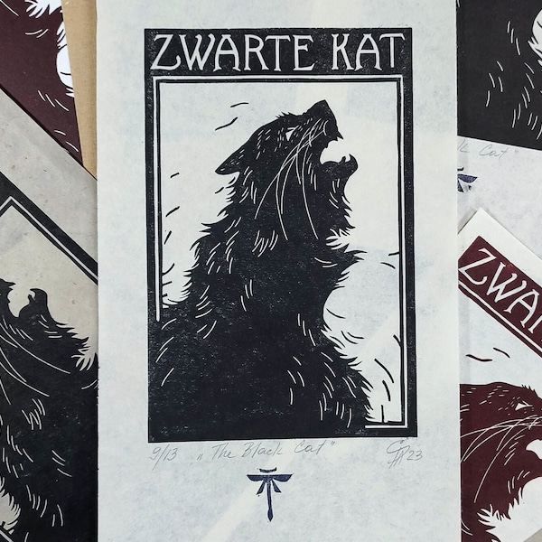 Zwarte Kat ("Black Cat") - hand-printed linocut art (25x17 cm)