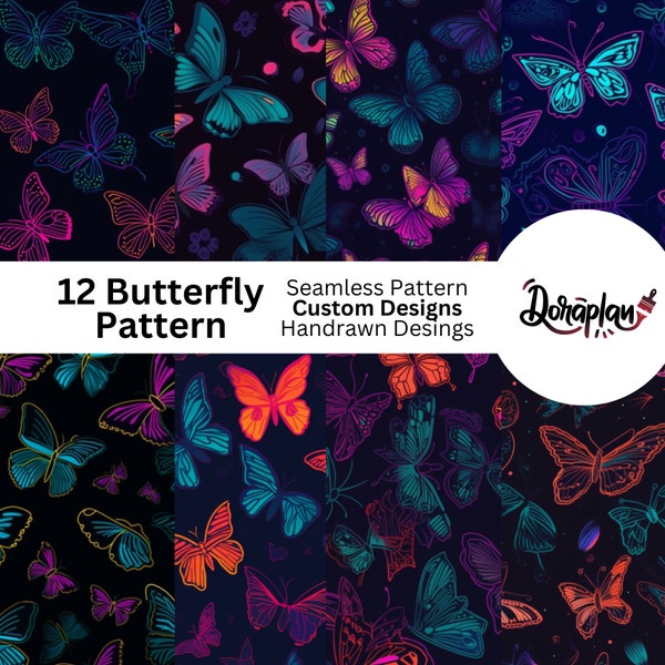 Neon Butterfly Digital Paper Pack, seamless pattern scrapbook paper pack, planner, butterfly print, digital download commercial use