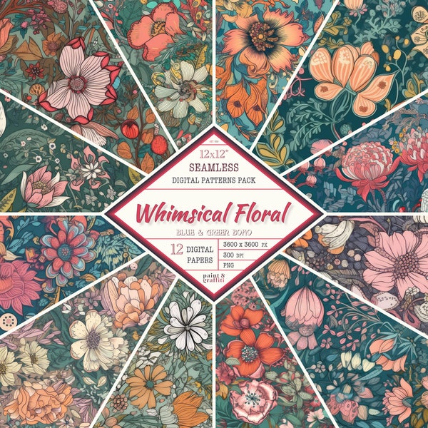 Floral Blue & Green Boho | 12 Seamless Floral Digital Papers | Whimsical Floral Pattern Pack 002 | Instant Download PNG