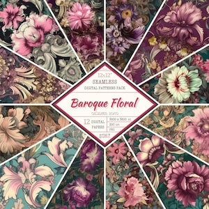 May include: A set of 12 digital seamless patterns featuring intricate baroque floral designs in shades of pink, purple, and green. The patterns are 3600 x 3600 pixels and 300 DPI.