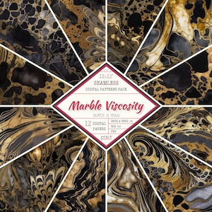 Marble Black & Gold | 12 Seamless Marble Digital Papers | Marble Viscosity Pattern Pack 003 | Instant Download PNG