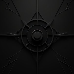 May include: A black metal design with a circular pattern in the center. The design has a geometric, almost futuristic look.