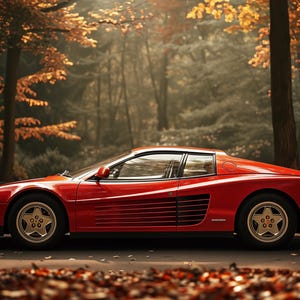 Autumnal Ferrari Testarossa Art Print - 203x114 cm Classic Italian Sports Car Digital Download Fall Forest Backdrop, Vibrant Car Photography