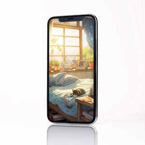 May include: A smartphone displays an anime-style illustration of a sunlit bedroom scene. A black cat rests on a bed with blue floral bedding. A window reveals a cityscape and plants. A laptop and books sit on a desk.