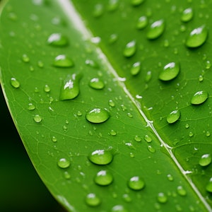 May include: Close-up of a green leaf with many water droplets on its surface.