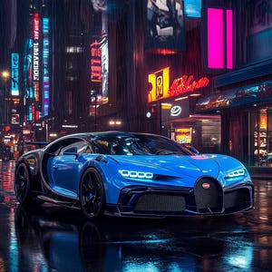 May include: A blue Bugatti Chiron supercar parked on a wet street in a city at night. The car has black accents and a black interior. The city is lit up with neon signs and streetlights.