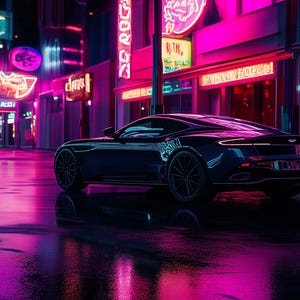 May include: A black sports car parked on a wet street in front of a neon-lit building. The car has a sleek design and a modern look.