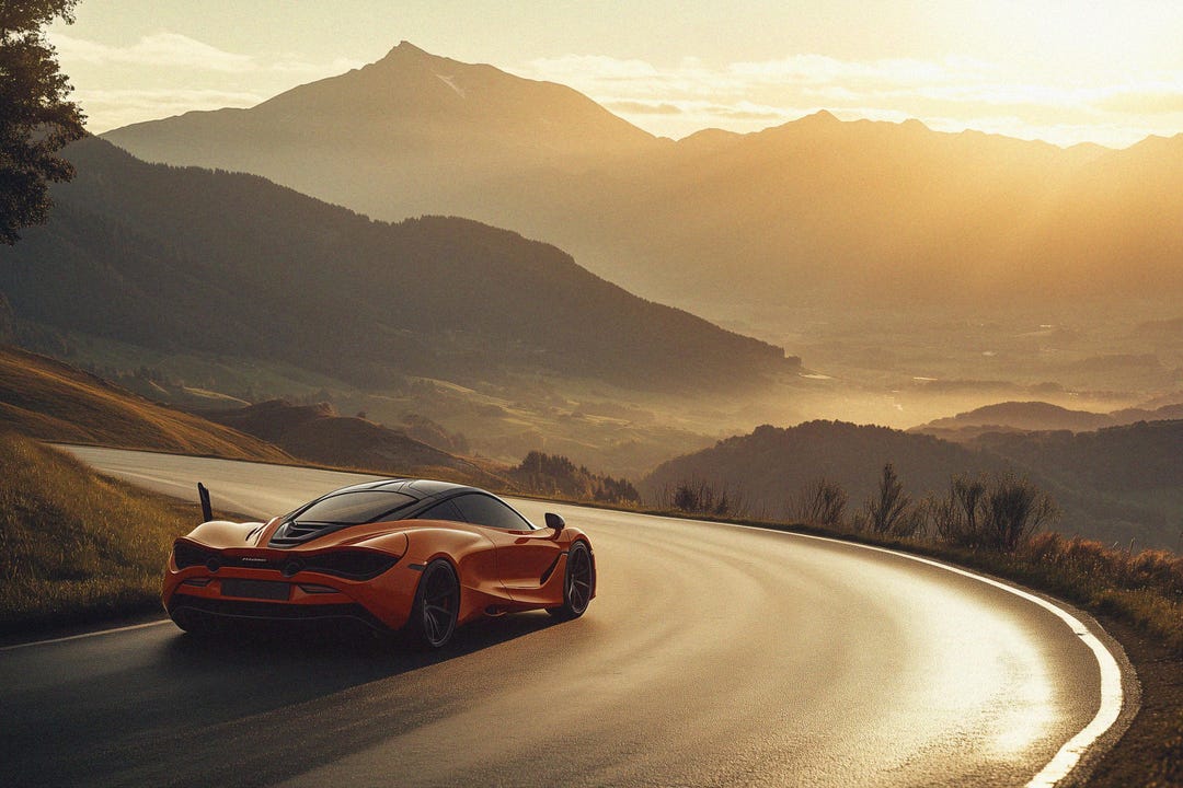 Mclaren 720S Sunset Drive Canvas Art Print: Mountain Landscape