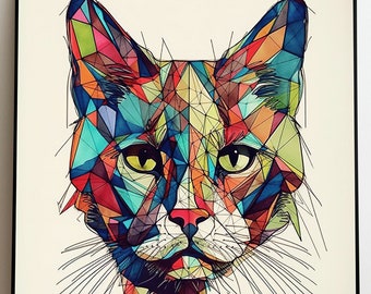 Bunte Katze Kunst Bild Buntes Tier Poster Abstrakte Kunst schöne Tiere Druck Print Wanddeko Line Art Geschenk Wohnzimmer Deko