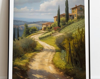 Toskanische Italien Landschaft mit Weinbergen und Villa Ölmalerei Ölgemälde Kunst Wanddekoration Druck Geschenk Idyllisch
