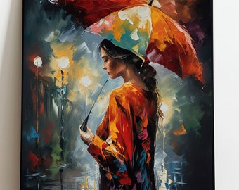 Junge Schöne Frau im Regen mit einem Regenschirm Ölmalerei buntes Ölgemälde Bild Poster Kunst Wanddeko Geschänk