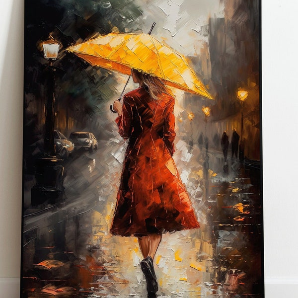 Junge Frau Mit einem Gelben Regenschirm auf der Straße im regen Ölgemälde Ölmalerei Öl Bild Wandkunst Poster Wanddeko Geschenk Bild Kunst