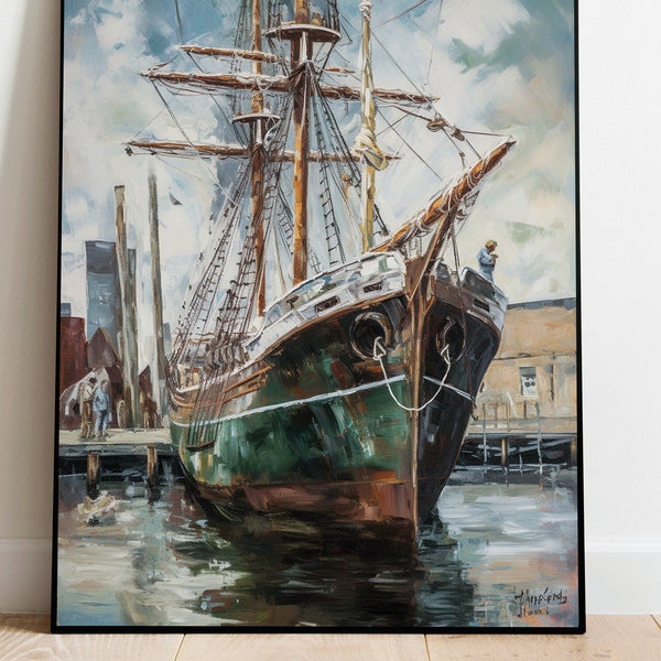 Segelschiff am Hafen Hamburg Ölgemälde Ölmalerei Schiff Wanddeko Bild Poster Druck Geschenk