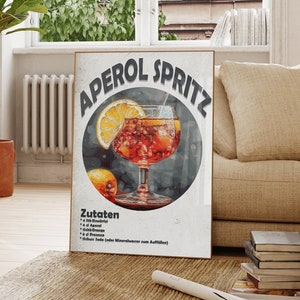 Aperol Spritz Cocktail Image Decoration Minimalist Poster, Kitchen, Bar, Party Alcoholic Drink Vintage, Retro Print, Recipe Download