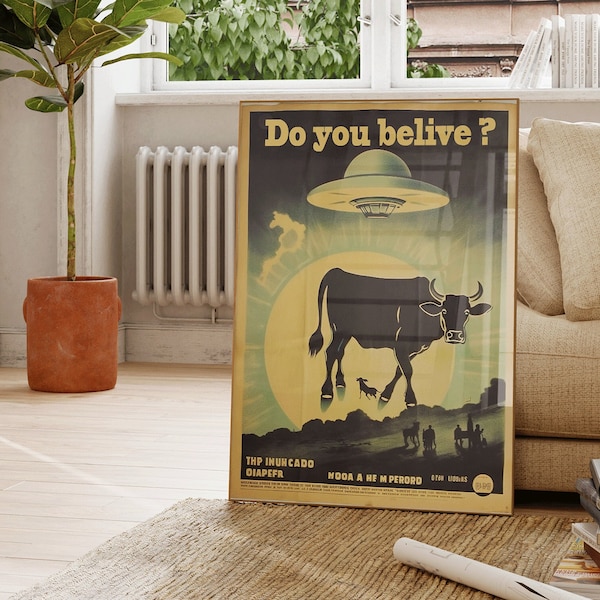 UFO Poster, Alien Bild, Retro UFO Poster, Außerirdische Wanddeko, Gray Alien Tier Entführung, UFO Kuh Entführung, Untertasse, Area 51 Deko