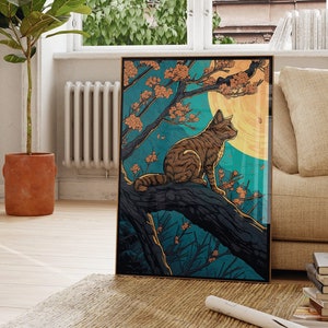 Kratzte auf Baum Bild Wanddeko Kinderzimmer Katzen Bild Mondschein Baum mit Katze Deko Kunst asiatische Kunst Bild Katze Wohnimmer Dekora
