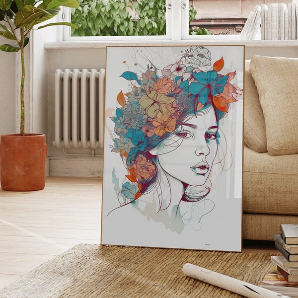 Frau mit Blumen, Haarkranz auf dem Kopf Line Art minimalistische Kunst Wanddeko Bild Poster Geschenk, Kopfschmuck, Blumen Schmuck,