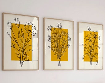 Vintage Dekor Wohnzimmer Poster Set Landhaus Dekoration Flur Bilder Set Schlafzimmer gelbe Blumen Wandbild  Minimalistische Kunst für Sie