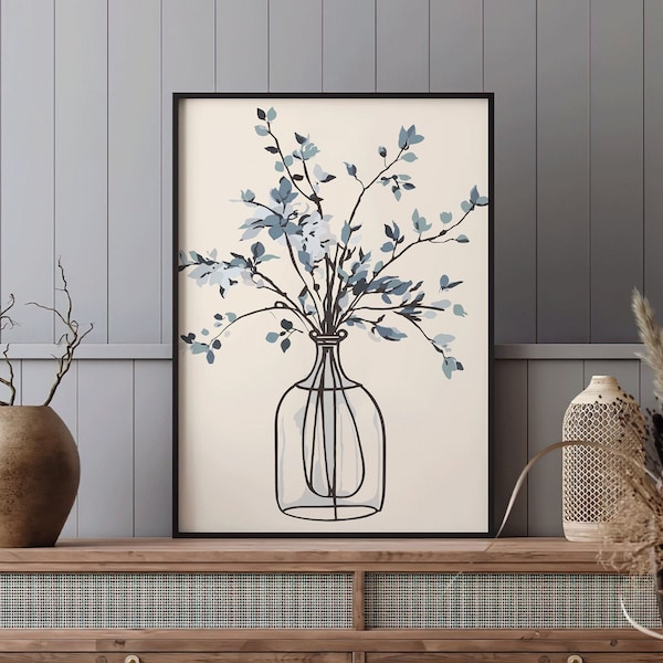 Vintage Deko Blaue Blumen Bild Boho Style beige Wanddekoration Minimalistische Kunst Wohnzimmer Deko Landhaus Vintage Blumenvase Poster Flur