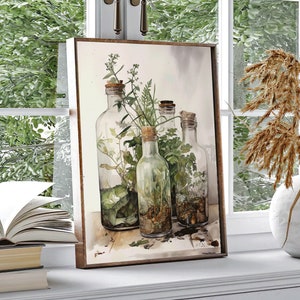 Vintage Botanik Blumen Pflanzen in der Flasche Wasserfarben Kunst Wanddekoration Poster Druck Garten Vegetation Geschenk