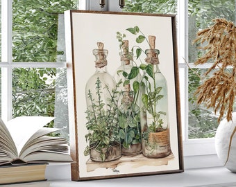 Vintage Botanik Blumen Pflanzen in der Flasche Wasserfarben Kunst Wanddekoration Poster Druck Garten Vegetation Geschenk