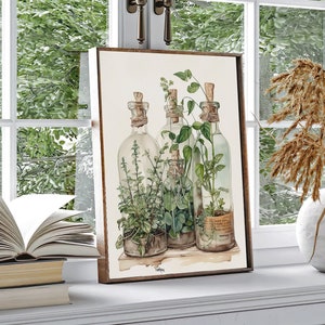 Vintage Botanik Blumen Pflanzen in der Flasche Wasserfarben Kunst Wanddekoration Poster Druck Garten Vegetation Geschenk