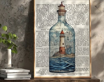 Antique Decor Vintage Picture Lighthouse Watercolor Painting Wall Decor Hallway Old Picture Print on Old Book Page Art Lighthouse in a Bottle with Island