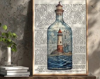 Antike Deko Vintage Bild Leuchtturm Aquarellbild Wanddeko Flur altes Bild Druck auf alte Buchseite Kunst Leuchtturm in der Flasche mit Insel