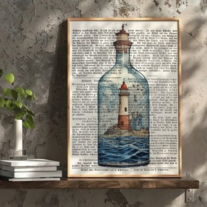 Antique decoration vintage picture lighthouse watercolor picture wall decoration hallway old picture print on old book page art lighthouse in the bottle with island