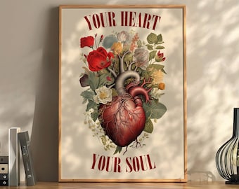 Herz Poster Vintage Deko Your Heart Your Soul Botanisches Herz mit Liebes Spruch Poster Buntes Herz Bild Retro Poster Dekor Geschenk für Sie