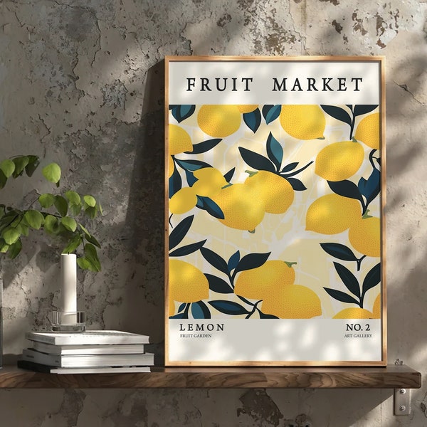 Fruit Market Poster Zitrone Vintage Deko Früchte Bild Küche Dekor Bilder Obst Geschenk für Sie Bar Bilder gelbe Frucht Digitaler Download