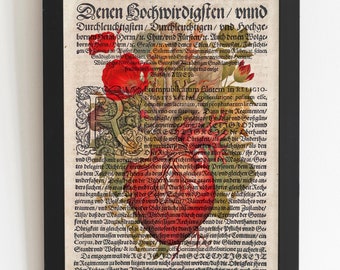 Anatomie Druck Herz Bild altes Buch Herz Poster Wanddeko Herz mit Blumen Antike Buchseite Kunst Geschenkidee Botanisches Herz Wanddeko Flur
