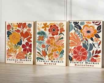 Dreier Set Vintage Retro Blumen Muster Bilder 3er Set Barcelona Paris Madrid Wanddeko Poster Wohnzimmer Dekoration Flur Flower Power Kunst