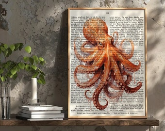 Antike Buchseite Druck mit Aquarell Octopus - Vintage Deko für perfekte Wanddekoration Bild auf alten Buch Wanddekor Octopus Poster Flur