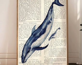 Antique book page print with watercolor whale - Vintage decor for perfect wall decoration. Humpback whale image on an old book wall decor. Whale poster for hallway.