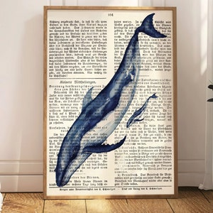 Antique book page print with watercolor whale - Vintage decor for perfect wall decoration. Humpback whale image on an old book wall decor. Whale poster for hallway.