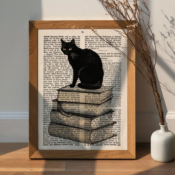 Antique book page print cat picture vintage decorative wall decoration books picture old book wall decor cats poster hallway decoration reading room gift