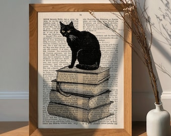 Antique book page print, cat picture, vintage decor, wall decoration, books picture, old book wall decor, cat poster, hallway decor, reading room gift